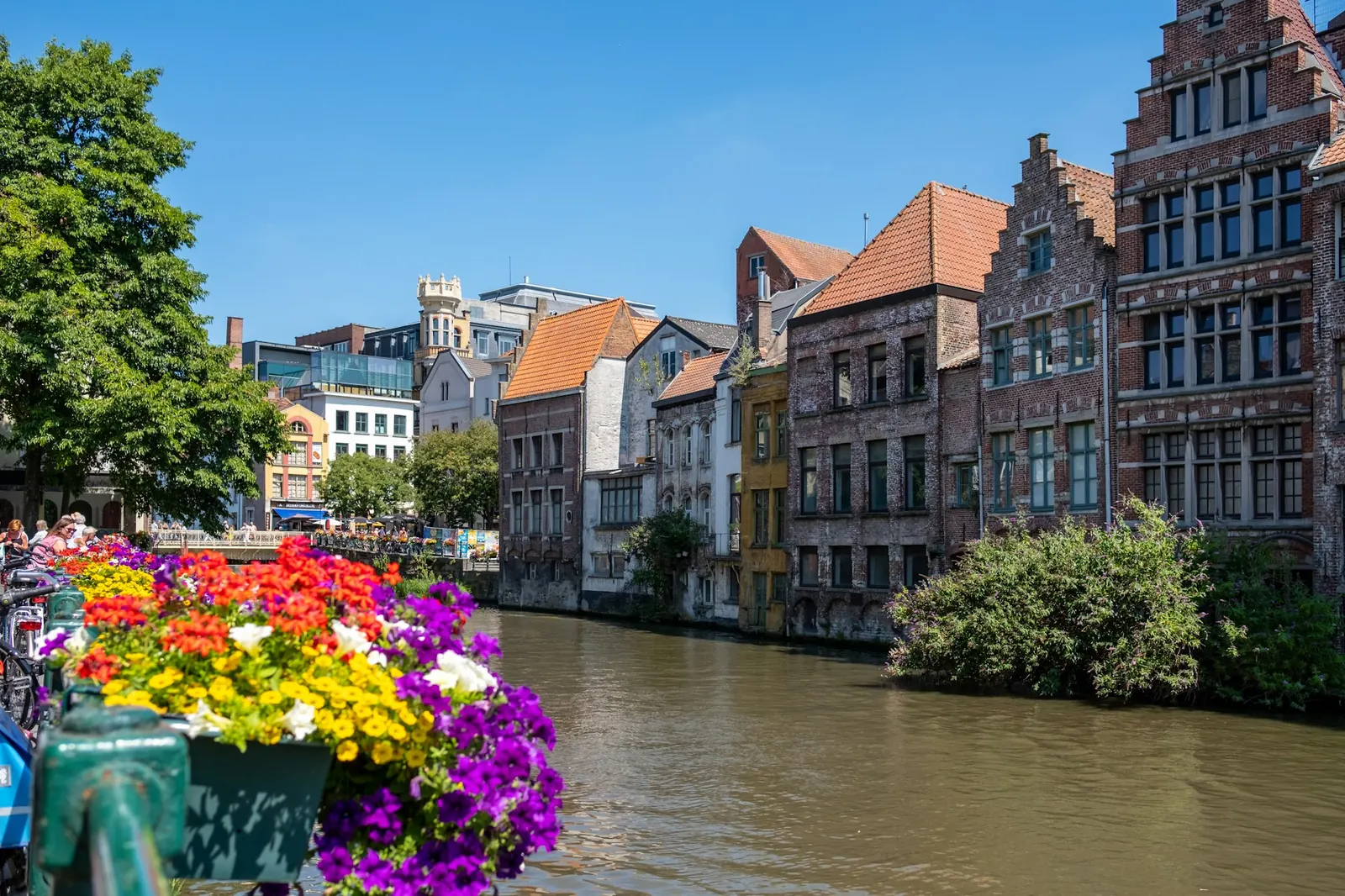 Canal-side houses in Ghent, Belgium, with flowers on a bridge